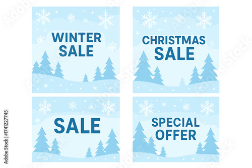 Winter sale and Christmas special offer social media post template set. Blue ad banner bundle with a winter forest landscape. Marketing promotion graphic with snow and snowflakes.