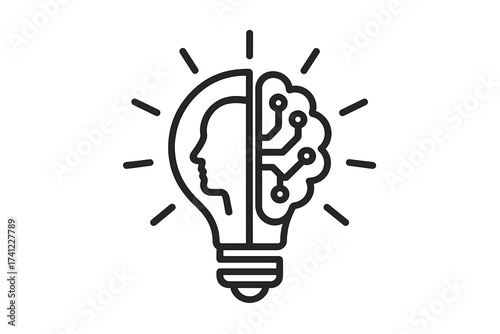Generative AI concept. Human head and circuit board brain in a lightbulb. Symbol for creative technology, machine learning, innovation. Metaphor for artificial intelligence ideas.