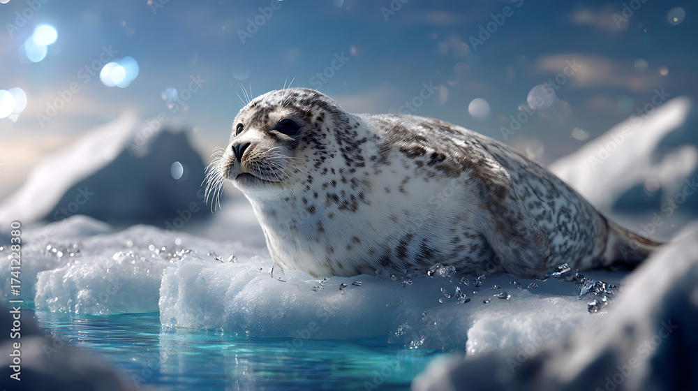 Obraz premium Gray Seal Resting on a Chunk of Floating Ice in a Blue Icy Ocean and a Partly Cloudy Sky