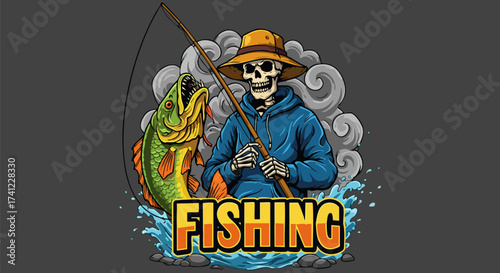 Skeleton angler reeling in a large fish with fishing rod in a dynamic illustration