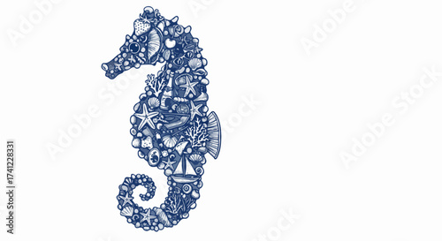 Detailed seahorse illustration composed of seashells and marine life on white
