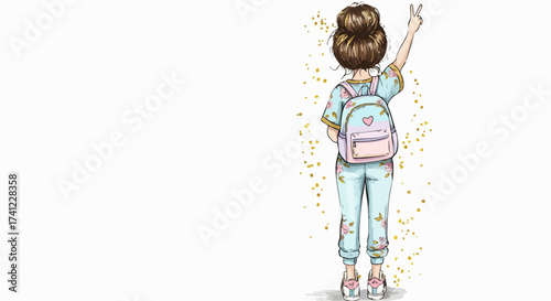 Girl with backpack making peace sign in pajamas against a white background view