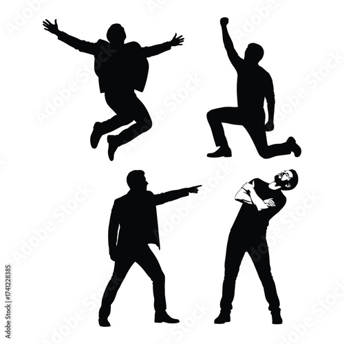 Dynamic silhouettes of people in action jumping kneeling pointing and celebrating energetic poses for design projects silhouette