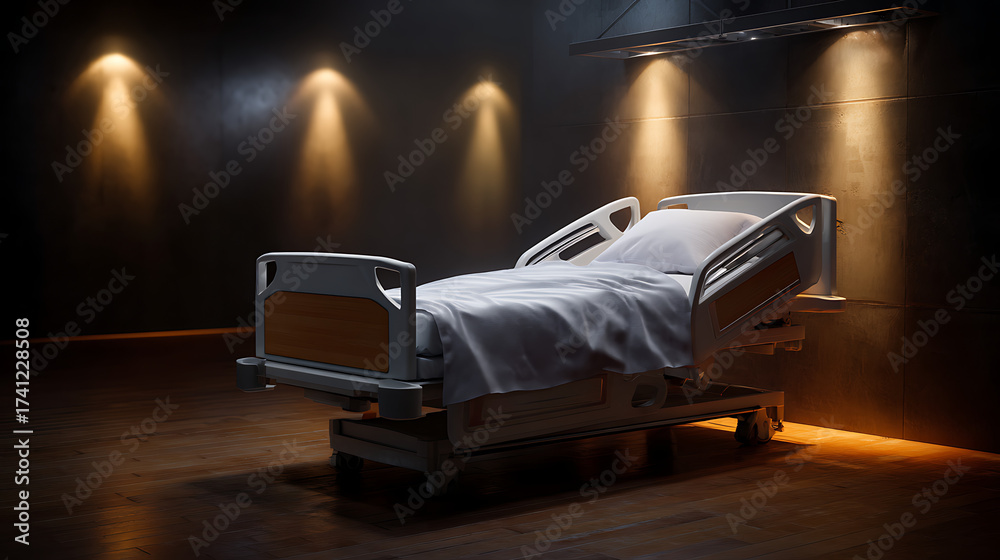 Fototapeta premium Hospital Bed in Dark Room with Pixelated Style and Soft Lighting for Dramatic Medical Concept