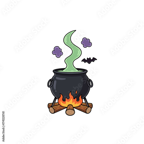 Witch Cauldron with Green Potion and Firewood | Halloween Magic Brew Vector Illustration