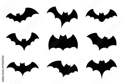 Set of Black Flying Bats Silhouettes | Halloween Bat Vector Collection
