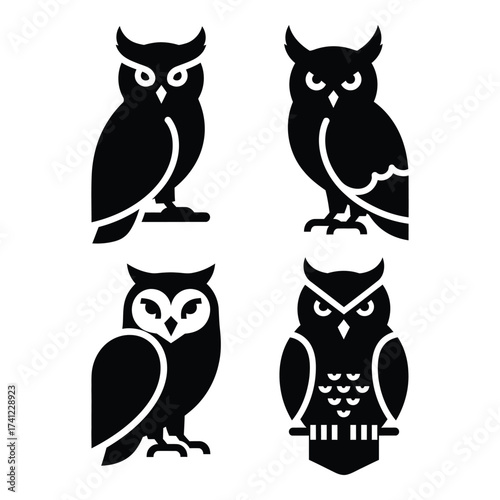 Four stylized black owl silhouettes with detailed feathers and fierce eyes representing wisdom and nocturnal nature silhouette
