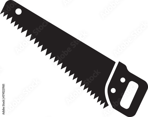 Black silhouette of a hand saw with a wooden handle and serrated blade