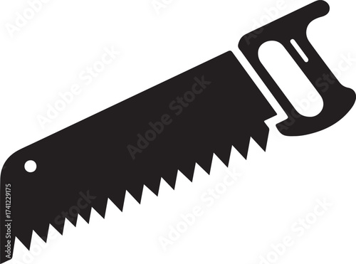 Black silhouette of a hand saw with a wooden handle and serrated blade