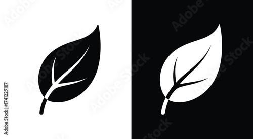 Black and white leaf icon set – mirrored minimalist foliage design with vein detail for nature, contrast, eco themes, and graphic symmetry