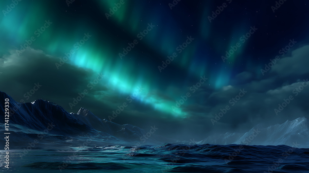 Naklejka premium Majestic Aurora Borealis Illuminates Dark Sky Above Snowy Mountain Landscape