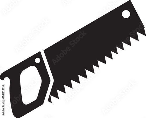 Black silhouette of a hand saw with a wooden handle and serrated blade