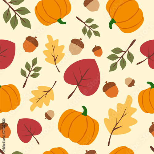 Autumn seamless pattern theme. Leaves, pumpkin and acorns. Fall season illustration. Can be used for wallpaper, paper wrapping, fashion fabric and decoration
