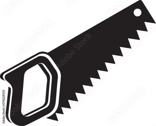 Black silhouette of a hand saw with a wooden handle and serrated blade
