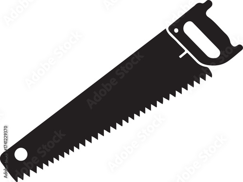Black silhouette of a hand saw with a wooden handle and serrated blade