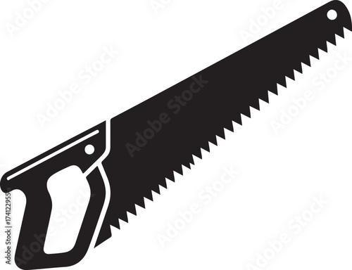 Black silhouette of a hand saw with a wooden handle and serrated blade