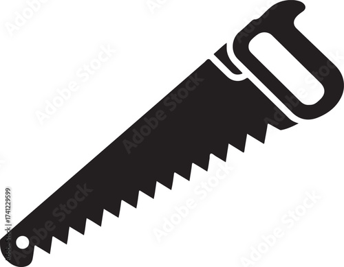 Black silhouette of a hand saw with a wooden handle and serrated blade