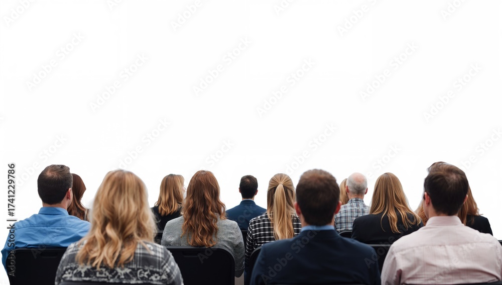 Obraz premium audience members seated in rows facing forward at a lecture event with an emphasis on diverse hairstyles and clothing styles in an auditorium setting