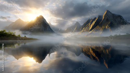 Misty Lake Reflecting Rugged Mountains Under Golden Sunset With Overcast Sky Landscape Scenery