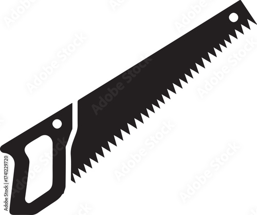 Black silhouette of a hand saw with a wooden handle and serrated blade
