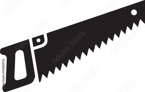 Black silhouette of a hand saw with a wooden handle and serrated blade