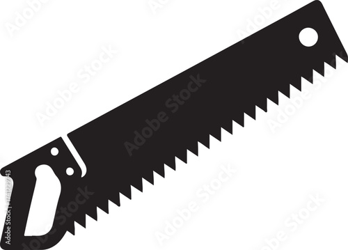 Black silhouette of a hand saw with a wooden handle and serrated blade