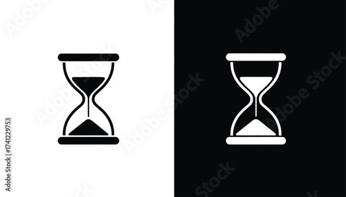   Hourglass icon set – mirrored black and white time symbols with flowing sand for deadline, urgency, time management, and minimal design
