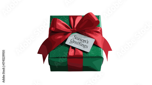 A beautifully wrapped gift box with a red bow and a Season's Greetings tag.