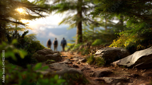 Path Through Sunny Green Forest with Hikers in the Distance Landscape Scene