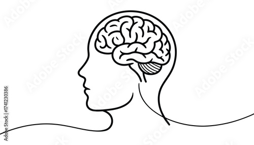  Human head with brain outline – minimalist black and white profile icon for medical, psychological, educational, and cognitive design use