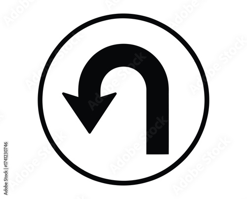  U-turn arrow icon – bold black symbol enclosed in circle on white background for traffic signage, navigation, reversal, and directional design