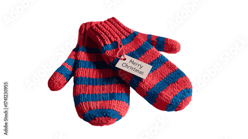 A pair of festive mittens with a Merry Christmas tag, perfect for winter holidays.