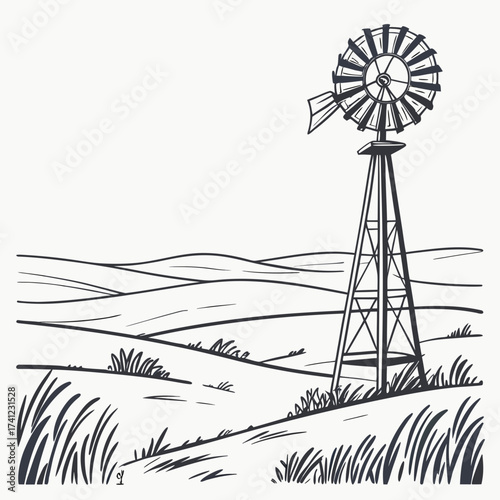 Vector art of a captivating vector illustration showcases a picturesque countryside with a classic windmill standing tall amidst rolling hills, creating a serene rural landscape