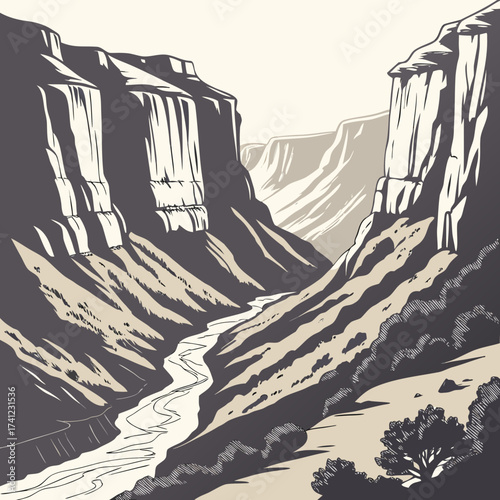 Vector art of a majestic canyon landscape unfolds, revealing towering cliffs and a winding river, capturing the raw beauty and geological wonders of natures grandeur