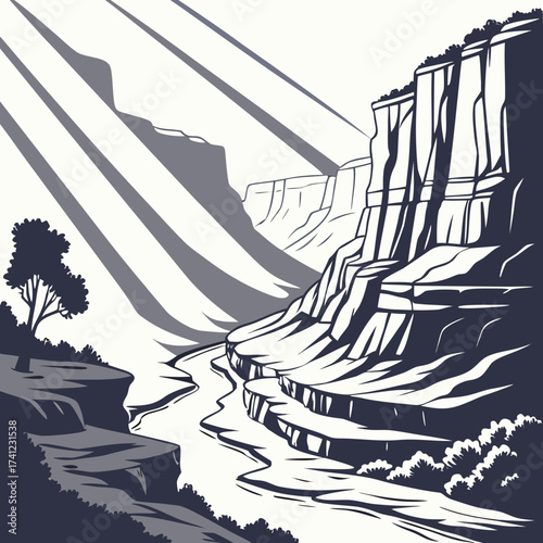 Vector art of a dramatic canyon vista unfolds with sun rays piercing through towering cliffs, highlighting the rugged beauty and geological marvels of the natural landscape