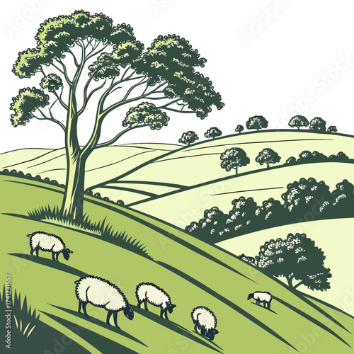 Vector art of idyllic countryside featuring sheep grazing on rolling green hills beneath a large tree, with smaller trees dotting the landscape, creating a peaceful and serene atmosphere