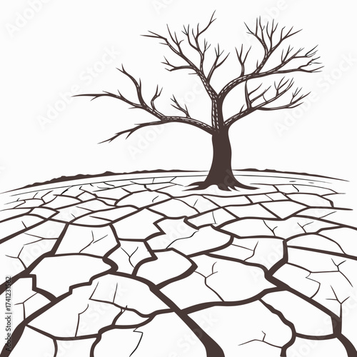 Vector art of illustration depicting a barren landscape with cracked earth and a leafless tree, symbolizing drought, climate change, and environmental degradation
