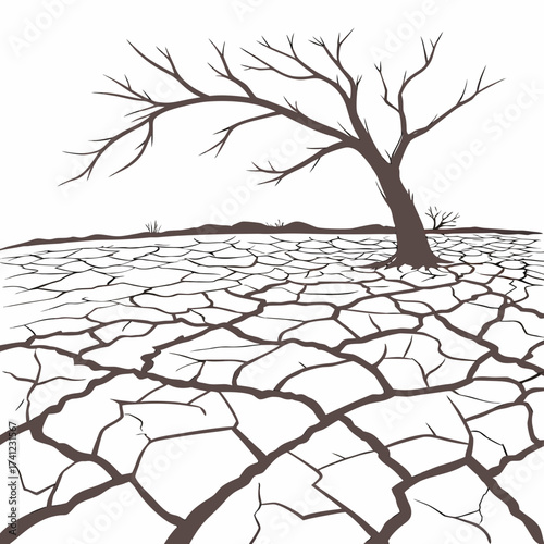 Vector art of arid landscape featuring a barren tree standing in cracked earth, symbolizing drought, climate change, and environmental degradation, conveying a sense of desolation