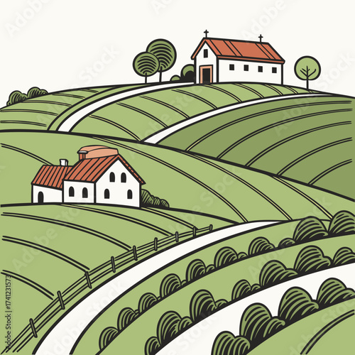 Vector art of idyllic countryside landscape with rolling hills, a farmhouse, and a church on a hilltop, showcasing a peaceful rural scene with winding paths and lush greenery in a vector illustration