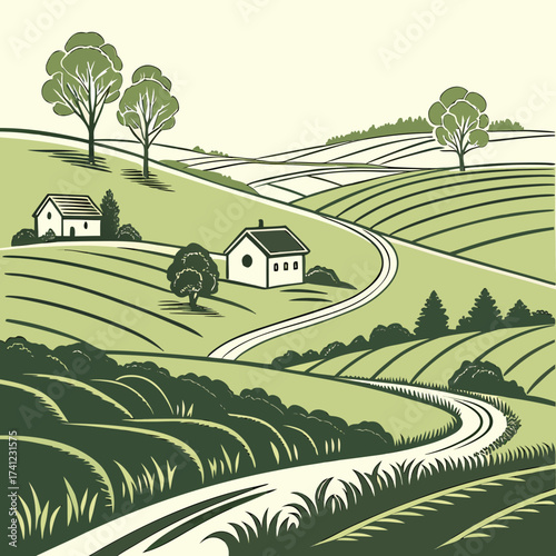 Vector art of scenic countryside illustration featuring rolling hills, winding roads, and charming farmhouses, capturing the essence of rural life and the beauty of the natural landscape