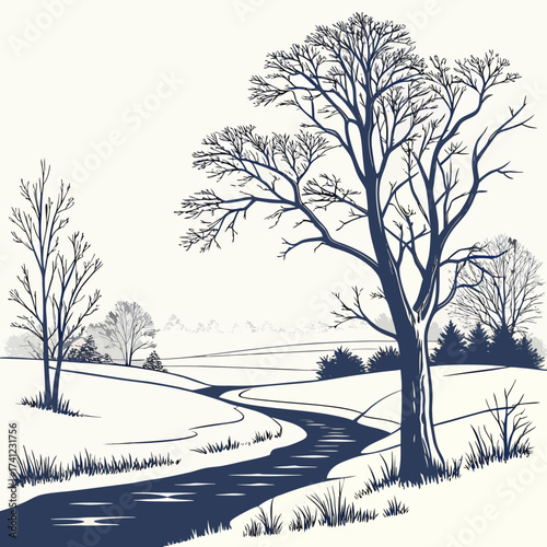 Illustration of a winter landscape with a bare tree, a winding river, and snowcovered hills, capturing the serene beauty and quiet stillness of the season in a minimalist style