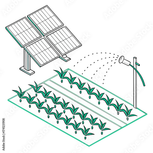 Vector art of isometric illustration of a solarpowered irrigation system for agriculture, showcasing sustainable farming practices and renewable energy use