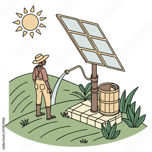Illustration of a farmer using a solarpowered water pump to irrigate his field, promoting sustainable agriculture and renewable energy in a rural setting