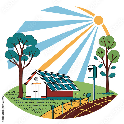 Illustration of a house with solar panels, showcasing sustainable living and renewable energy in a rural setting, surrounded by trees and a bright sun