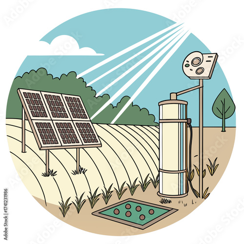 Illustration of a solar powered irrigation system in a field, showcasing sustainable agriculture and renewable energy, with a focus on ecofriendly farming practices