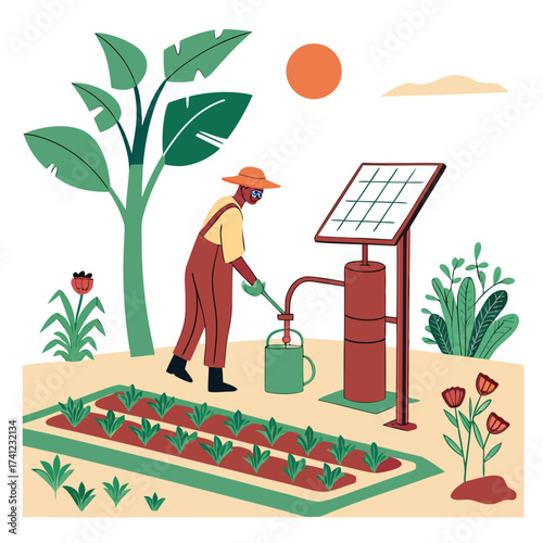 Illustration of a farmer using a solarpowered water pump to irrigate crops, highlighting sustainable agriculture and renewable energy in a rural setting, with plants and a warm sun