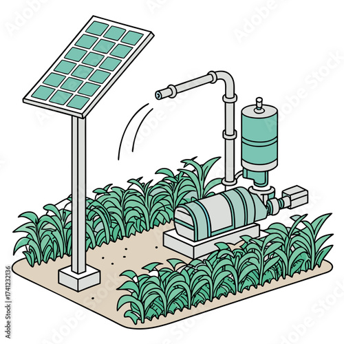Illustration of a solarpowered irrigation system with a water pump, showcasing sustainable agriculture and renewable energy solutions for efficient water management in farming
