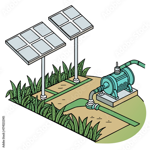Illustration of a solarpowered water pump system for irrigation, showcasing sustainable agriculture and renewable energy solutions for efficient water management in farming
