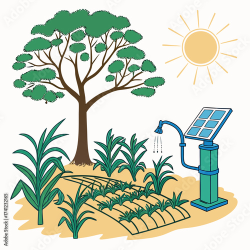 Illustration of a solarpowered water pump irrigating a field under the sun, showcasing sustainable agriculture and renewable energy solutions for efficient water management in farming
