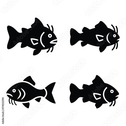Four silhouette icons of whiskered catfish for aquatic themes and marine life projects silhouette